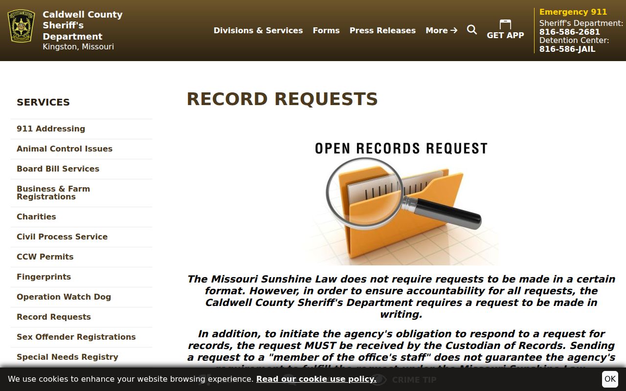 Caldwell County Sheriff arrest record request rules