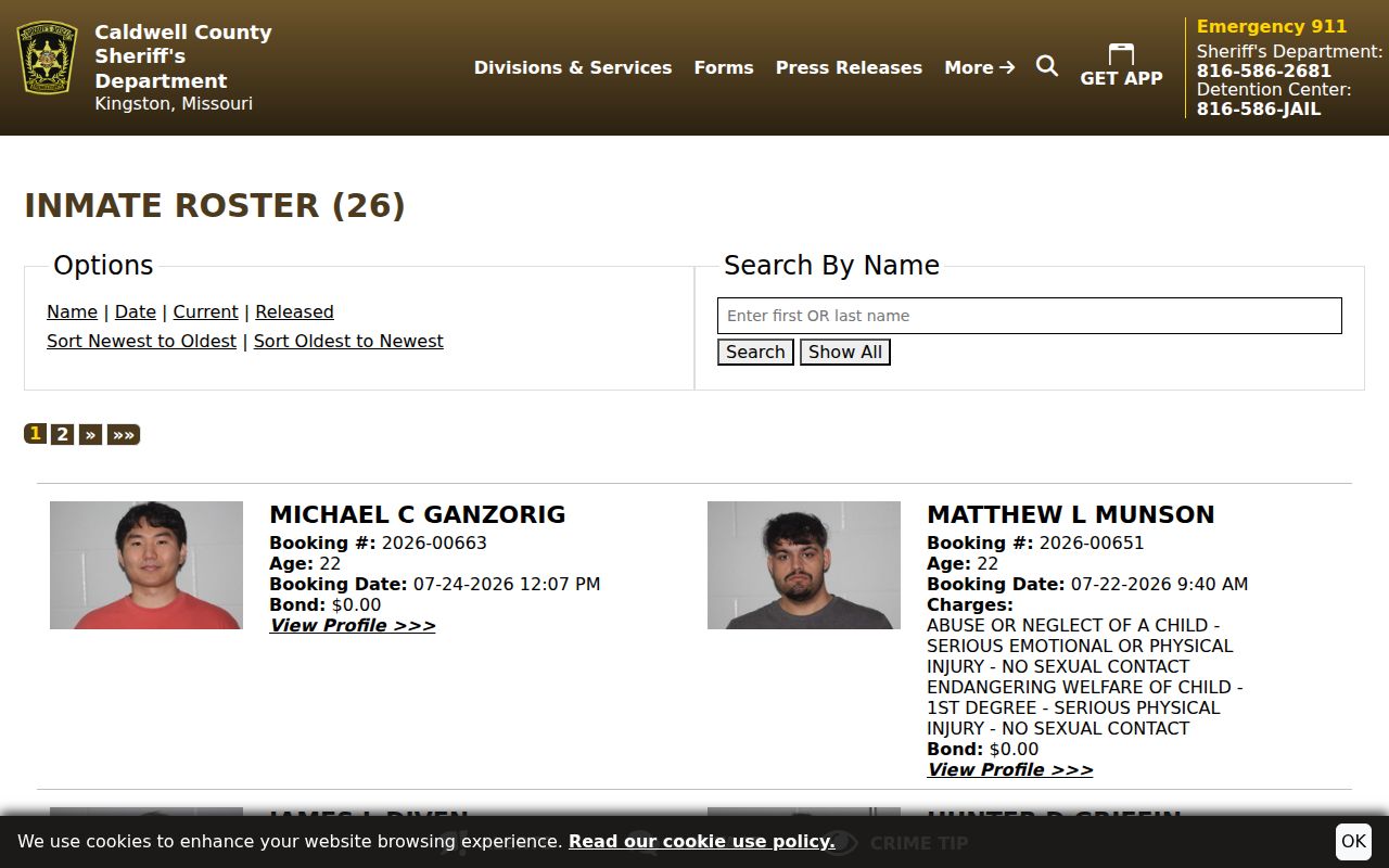 Official Caldwell County arrest booking roster controls