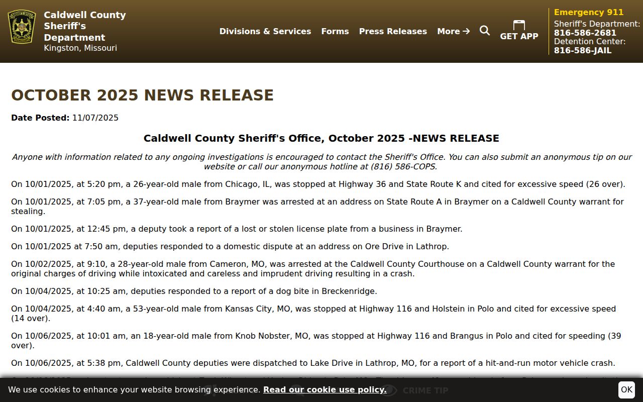 Braymer criminal records source showing Caldwell County arrest and booking operations