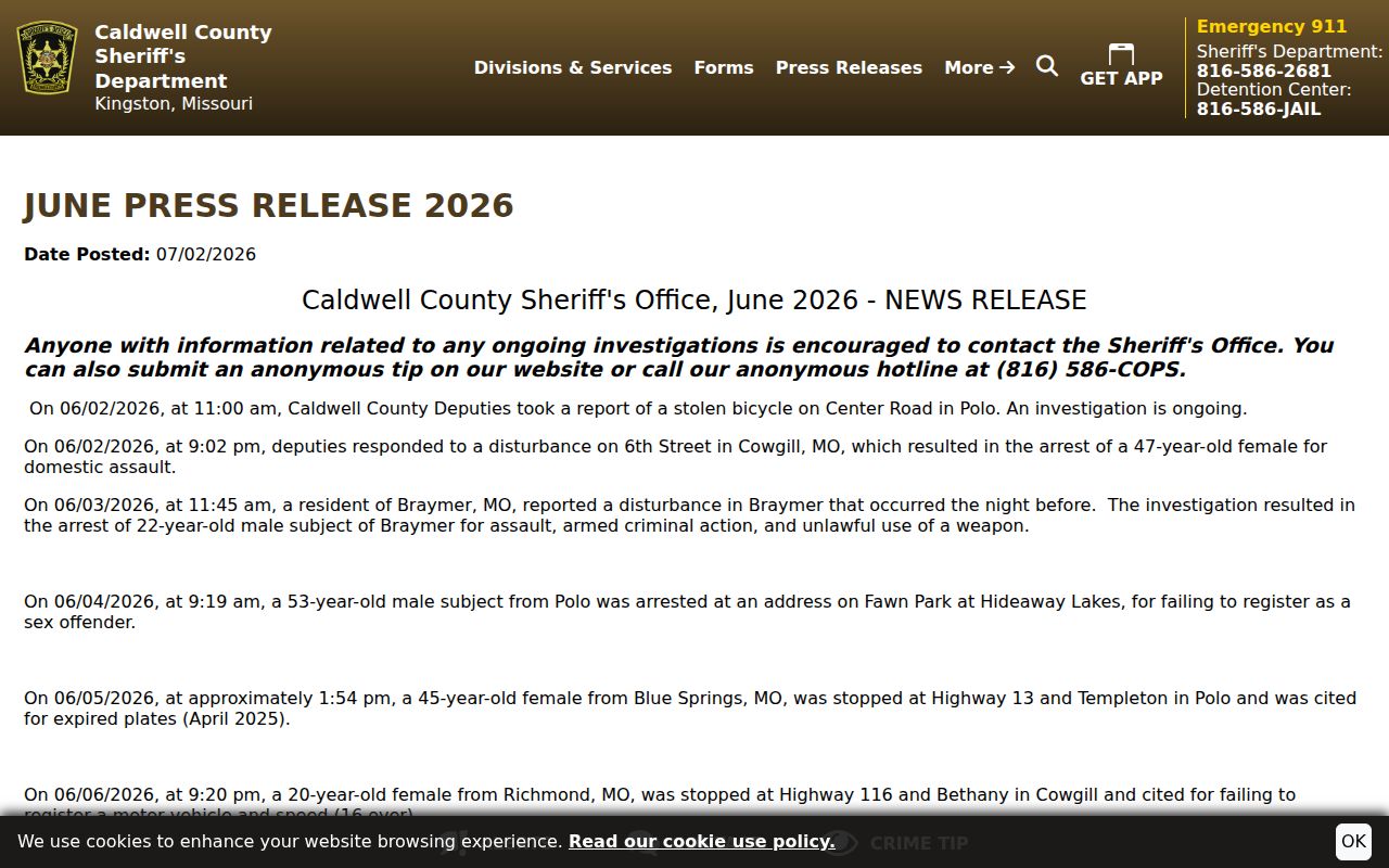 Braymer criminal records source showing sheriff operations and record flow