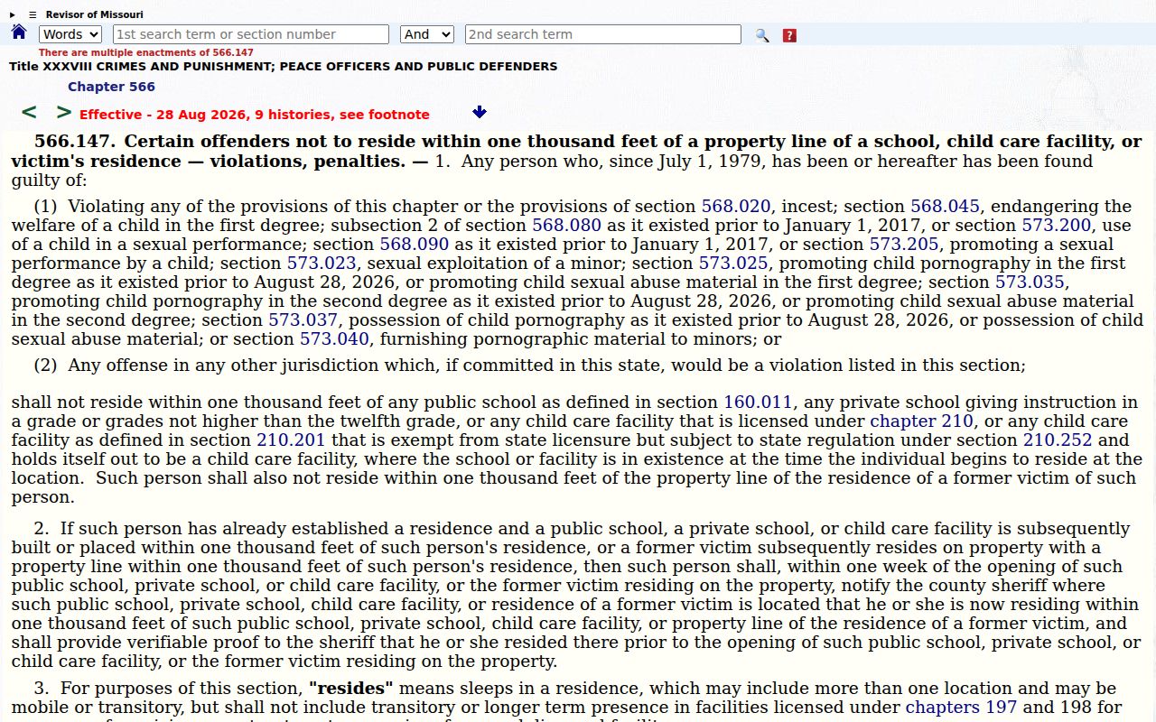 Missouri residence restriction law for Caldwell County registry records