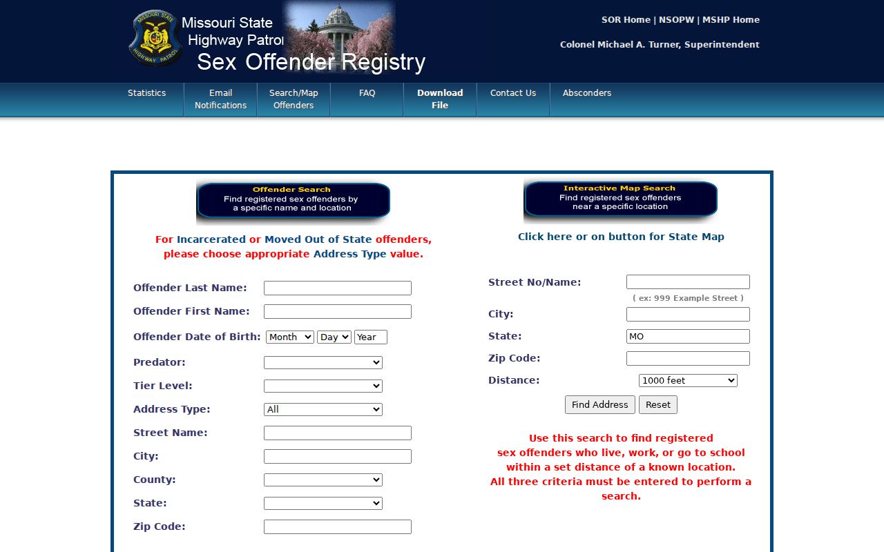 Official MSHP search fields for Caldwell County sex offender records